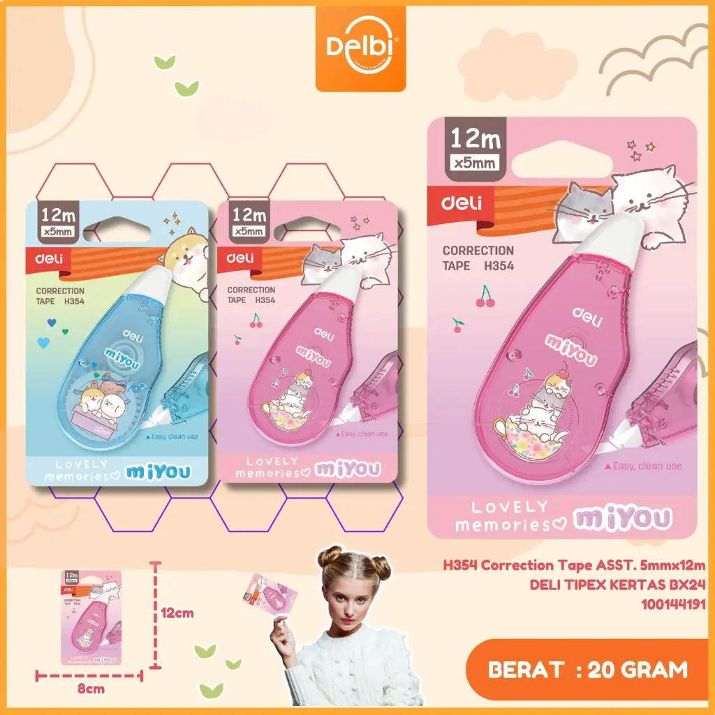 [100144191] H354 Correction Tape ASST. 5mmx12m DELI TIPEX KERTAS BX24