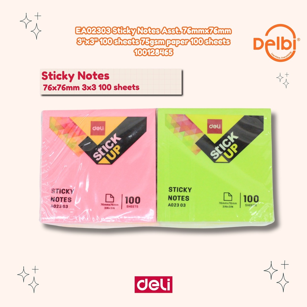 DELI EA02303 Sticky Notes Asst. 76mmx76mm 3''x3'' 100 sheets 75gsm paper BX12