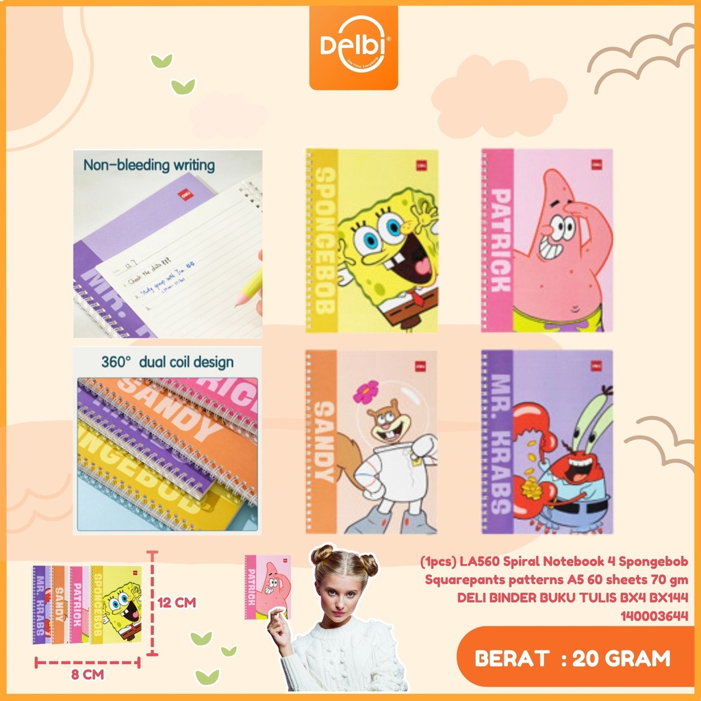 (1pcs) LA560 Spiral Notebook 4 Spongebob Squarepants patterns A5 60 sheets 70 gm DELI BINDER BUKU TULIS BX4 BX144