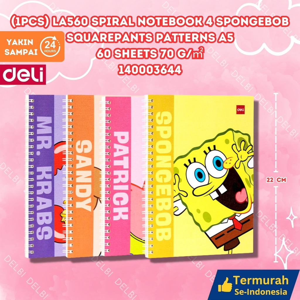 (1pcs) LA560 Spiral Notebook 4 Spongebob Squarepants patterns A5 60 sheets 70 gm DELI BINDER BUKU TULIS BX4 BX384