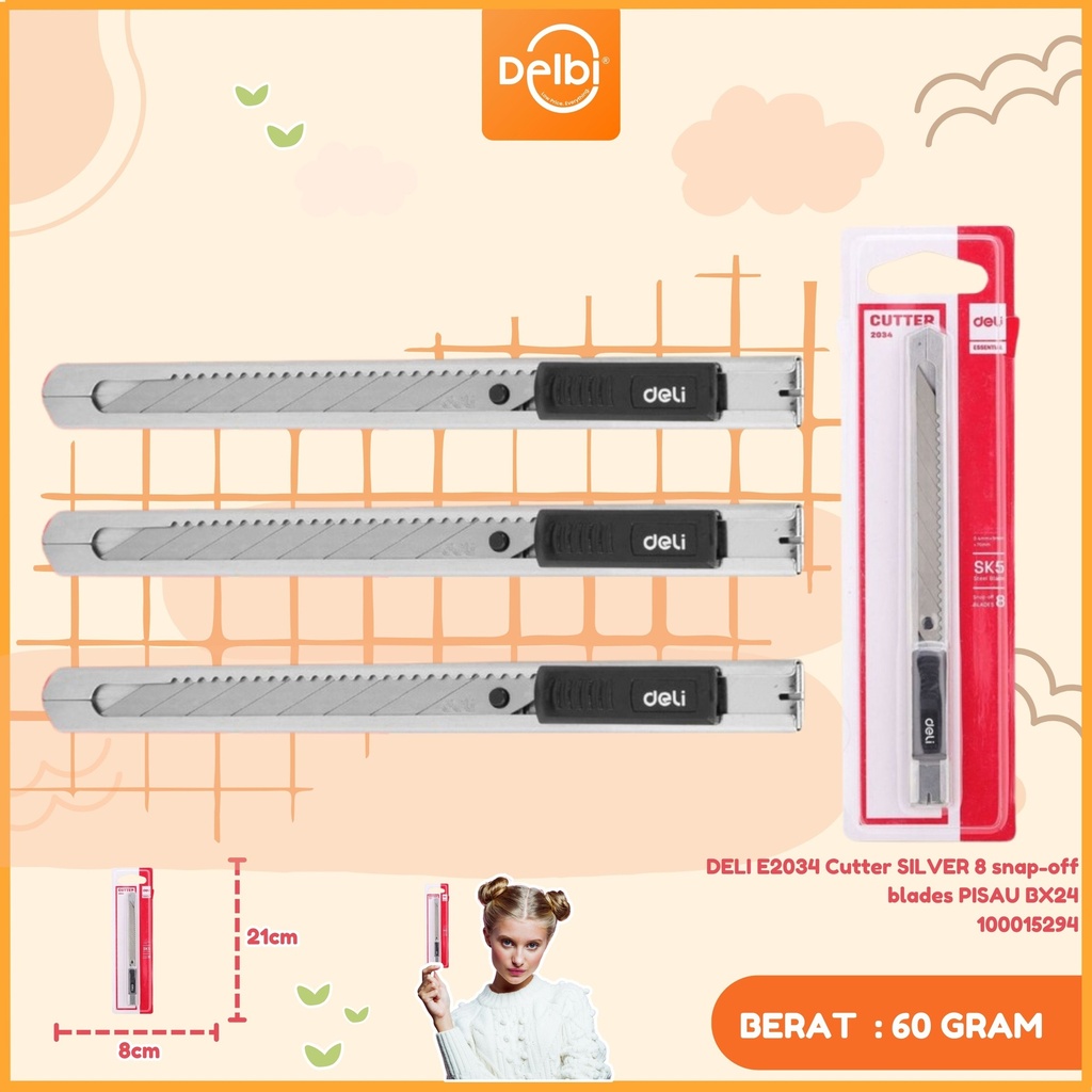 [100015294] DELI E2034 Cutter SILVER 8 snap-off blades PISAU BX24