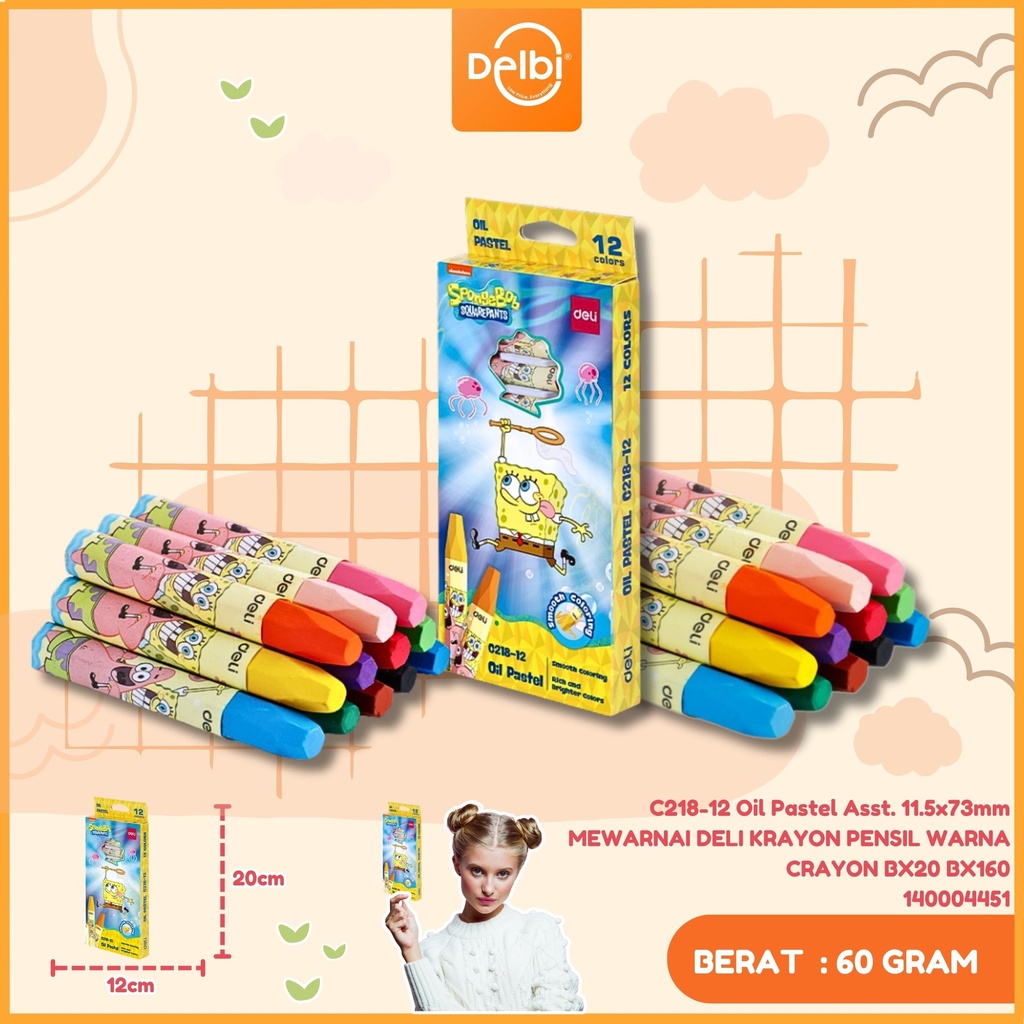 C218-12 Oil Pastel Asst. 11.5x73mm MEWARNAI DELI KRAYON PENSIL WARNA CRAYON BX20 BX160