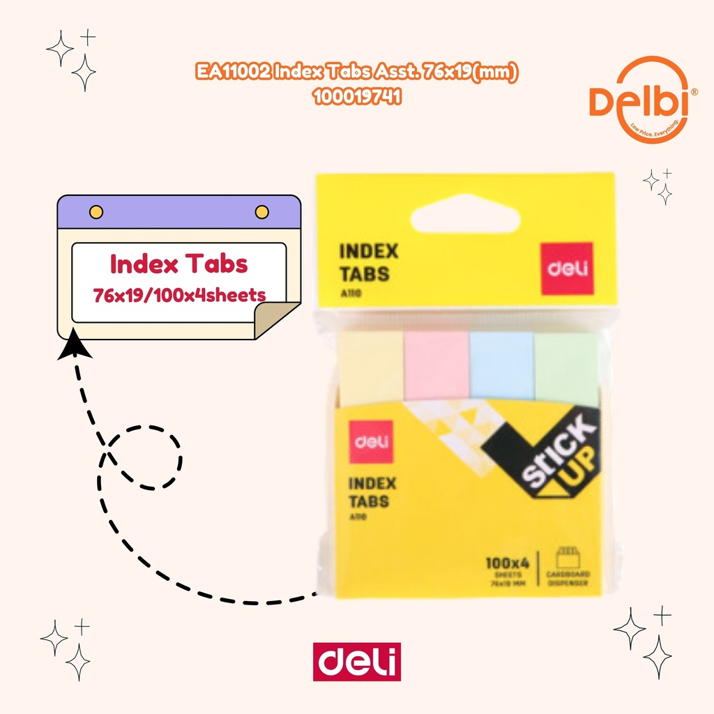 EA11002 Index Tabs Asst. 76x19(mm) DELI PENANDA STICKY NOTES BX12
