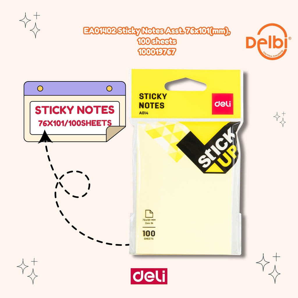 DELI EA01402 Sticky Notes Asst. 76x101(mm), 100 sheets BX12