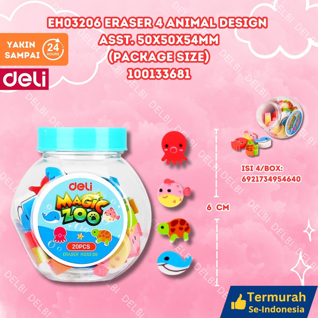 EH03206 Eraser 4 animal design ASST. 50x50x54mm(Package size) DELI PENGHAPUS KECIL TOPLES BX64 BX1