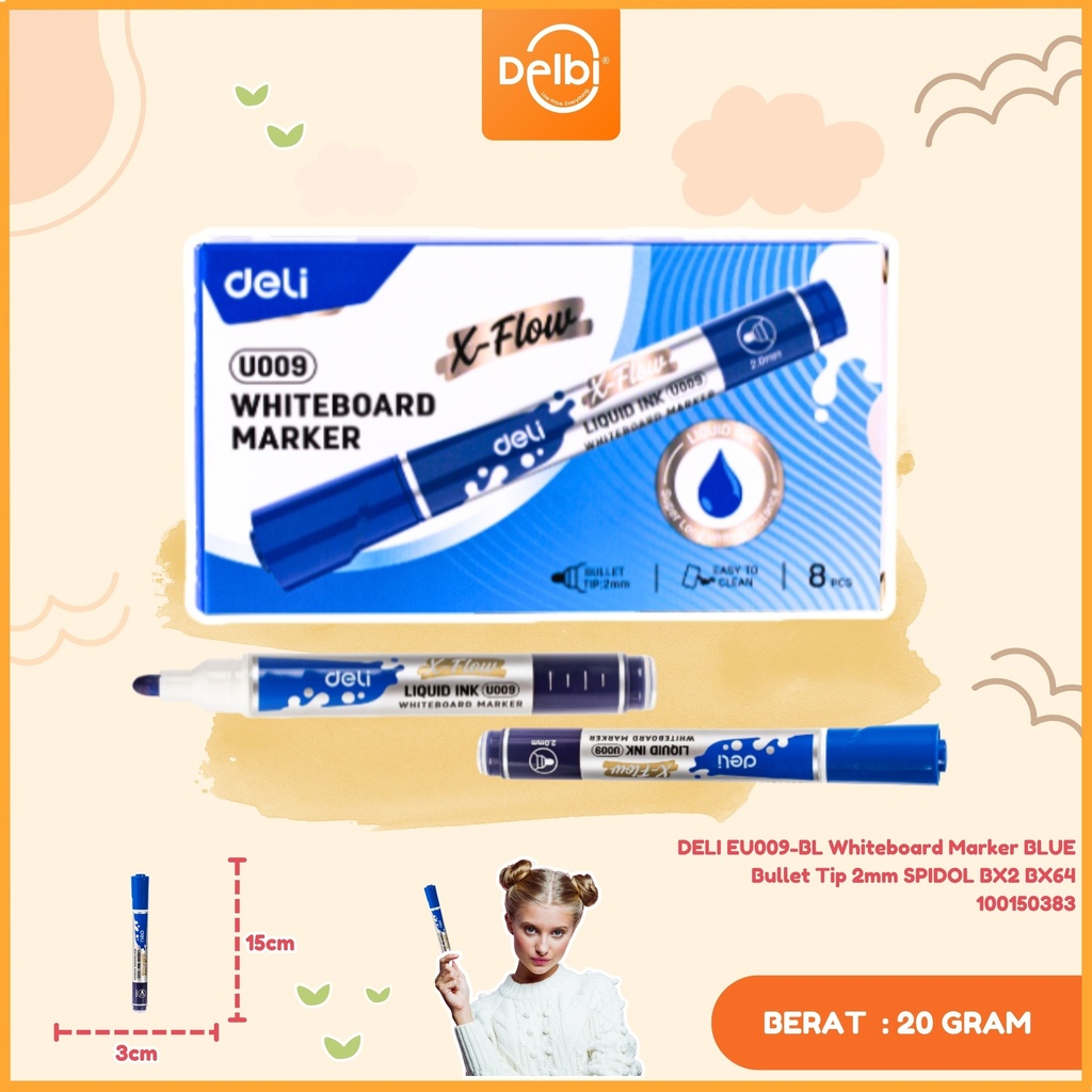 DELI EU009-BL Whiteboard Marker BLUE Bullet Tip 2mm SPIDOL BX2 BX64