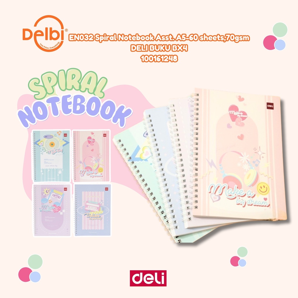 EN032 Spiral Notebook Asst. A5-60 sheets,70gsm DELI BUKU BX4