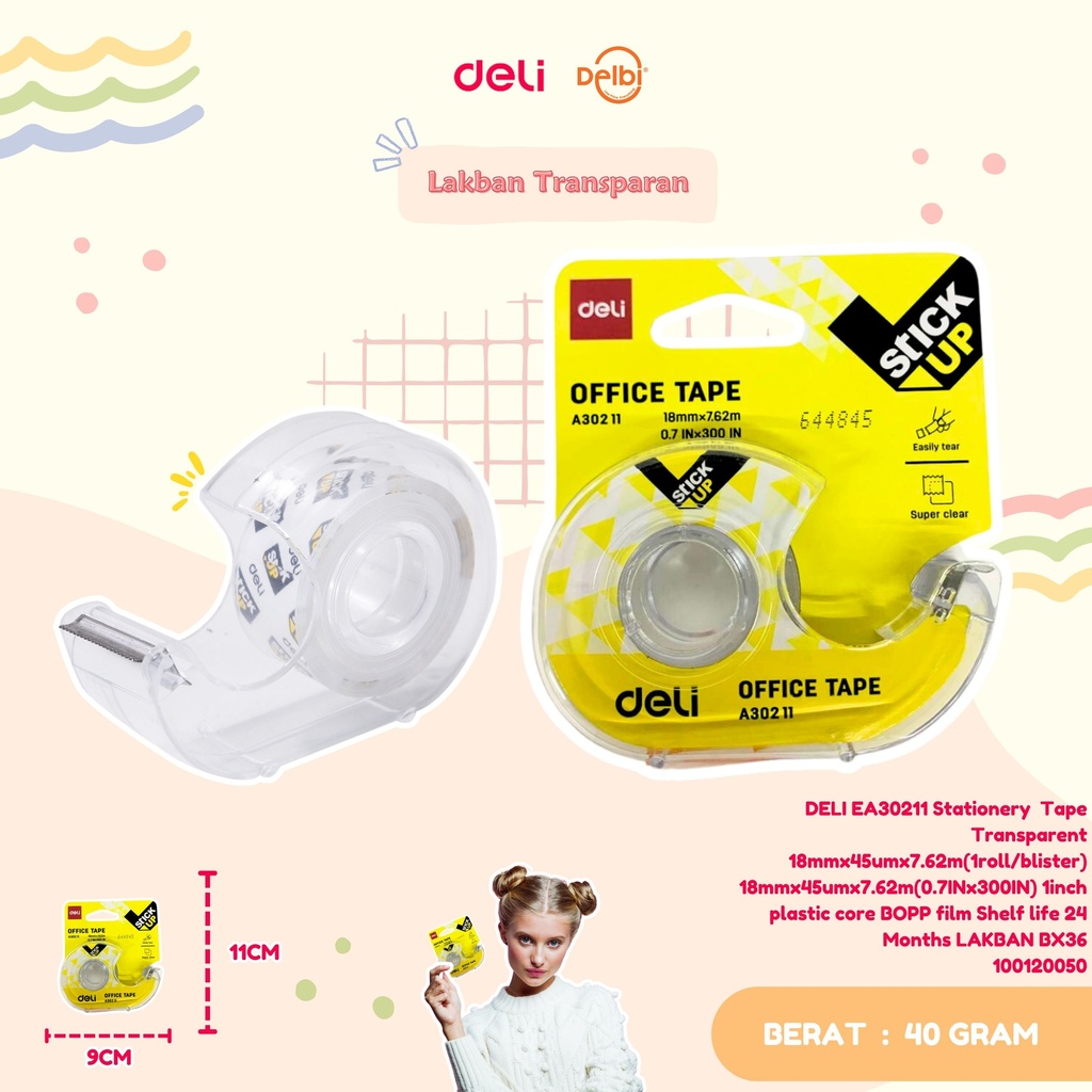 DELI EA30211 Stationery Tape Transparent 18mmx45umx7.62m(1roll/blister) 18mmx45umx7.62m(0.7INx300IN) 1inch plastic core BOPP film Shelf life 24 Months LAKBAN BX36 BX144