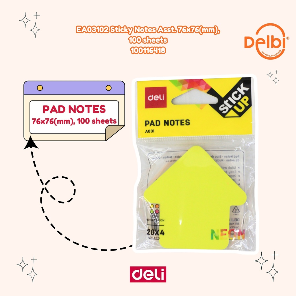 EA03102 Sticky Notes Asst. 76x76(mm), 100 sheets DELI STIKER KERTAS CATATAN BX12
