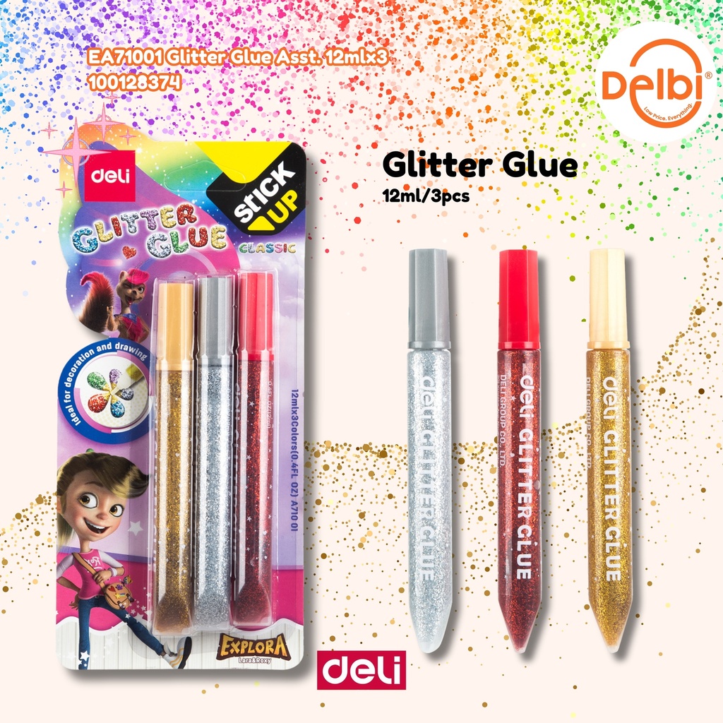 EA71001 Glitter Glue Asst. 12mlx3 DELI LEM BX24