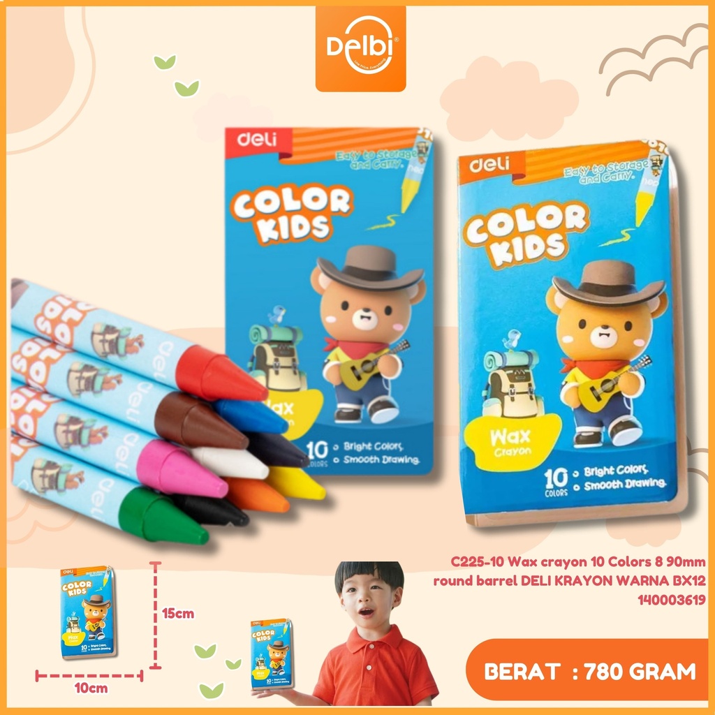 C225-10 Wax crayon 10 Colors 8 90mm round barrel DELI KRAYON WARNA BX12