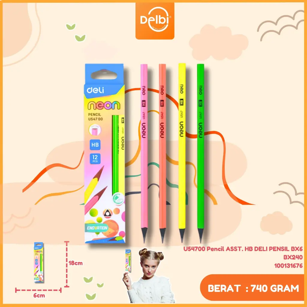 [100131676] U54700 Pencil ASST. HB DELI PENSIL BX6 BX240