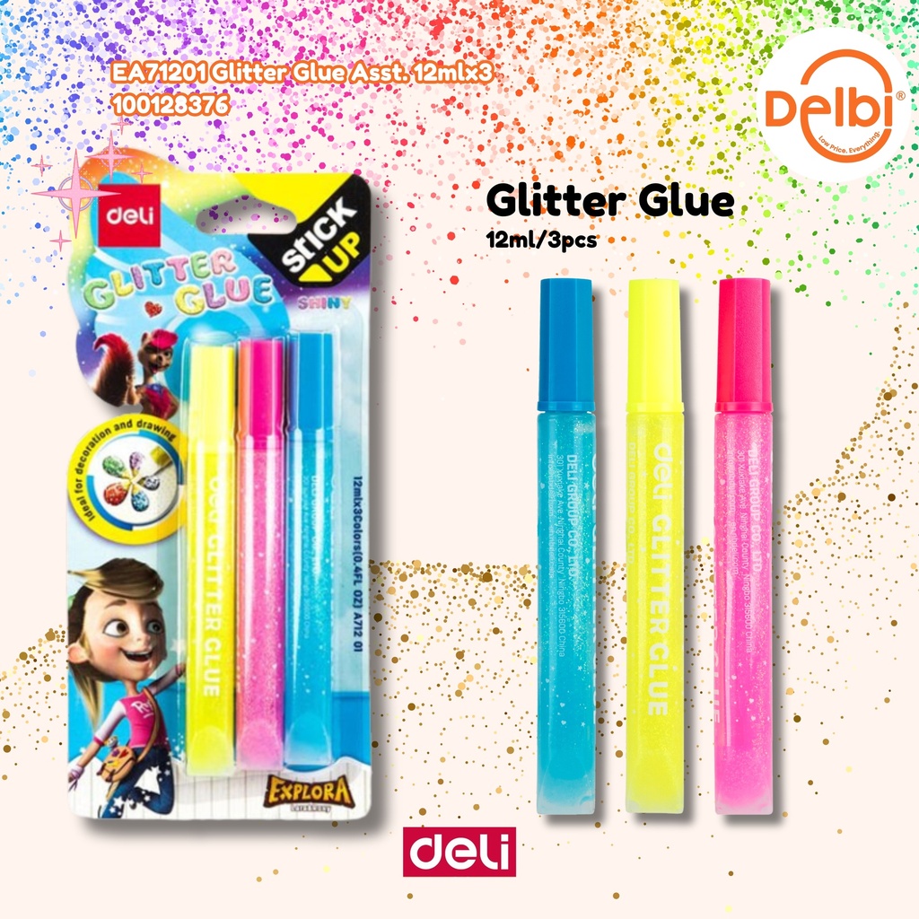 EA71201 Glitter Glue Asst. 12mlx3 DELI LEM BX24