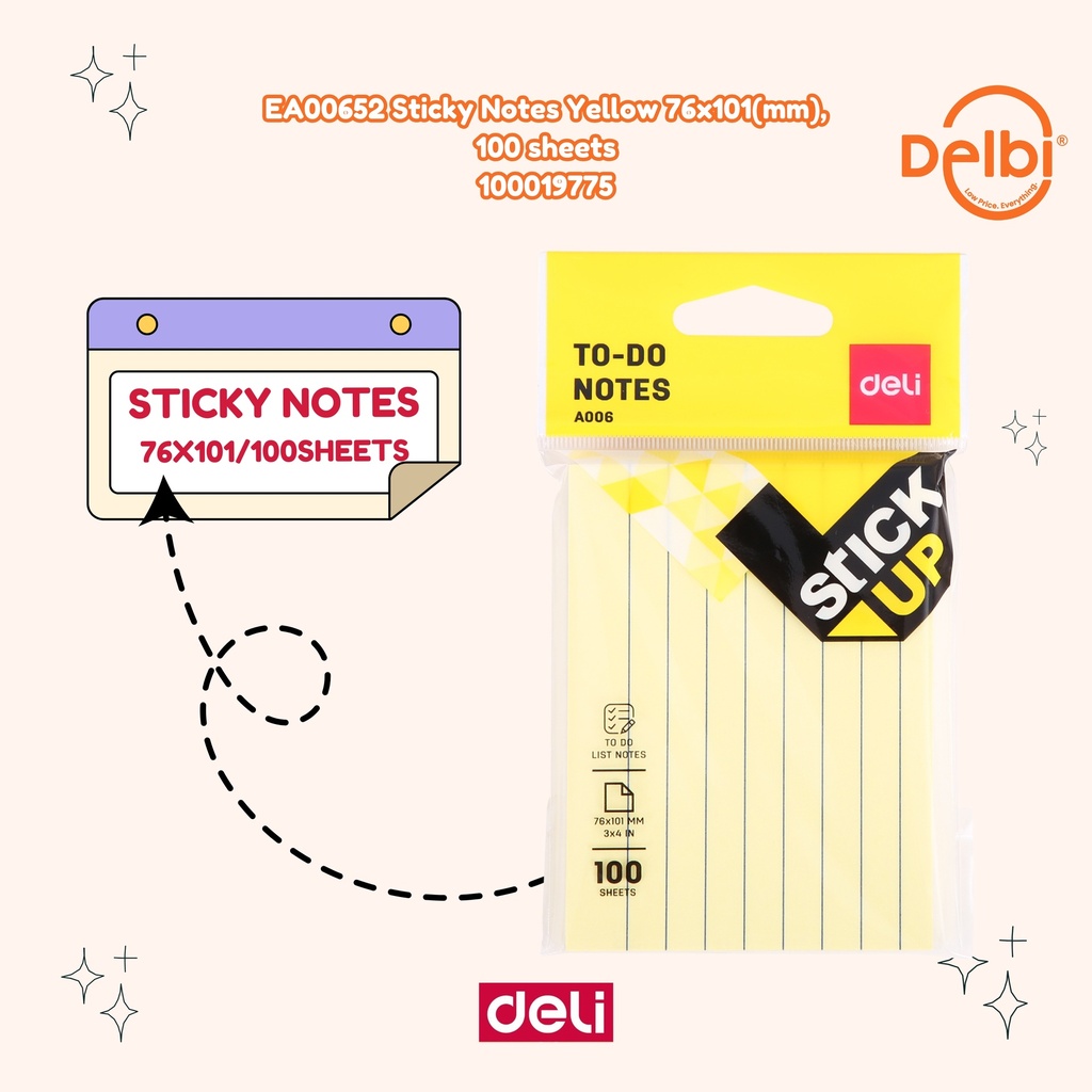 EA00652 Sticky Notes Yellow 76x101(mm), 100 sheets DELI STIKER KERTAS CATATAN BX12