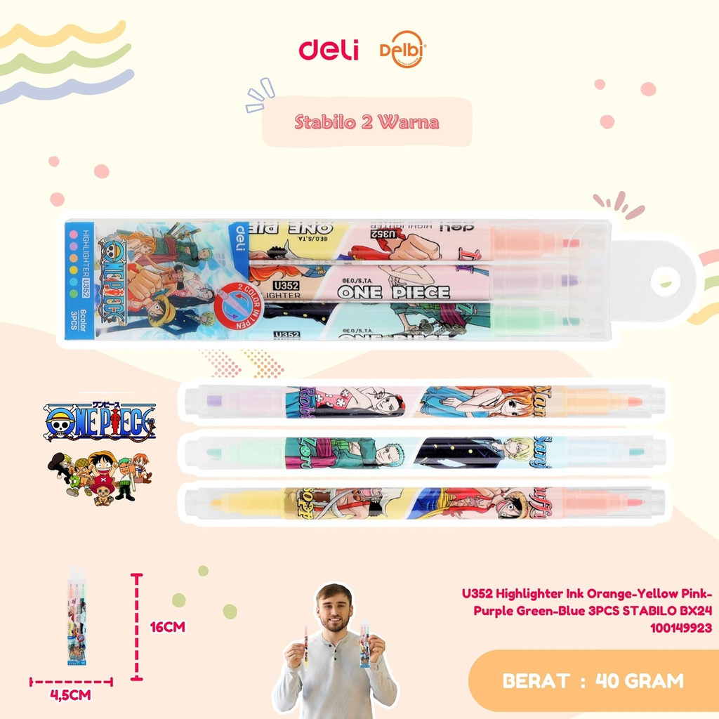 DELI U352 Highlighter Ink Orange-Yellow Pink-Purple Green-Blue 3PCS STABILO BX24