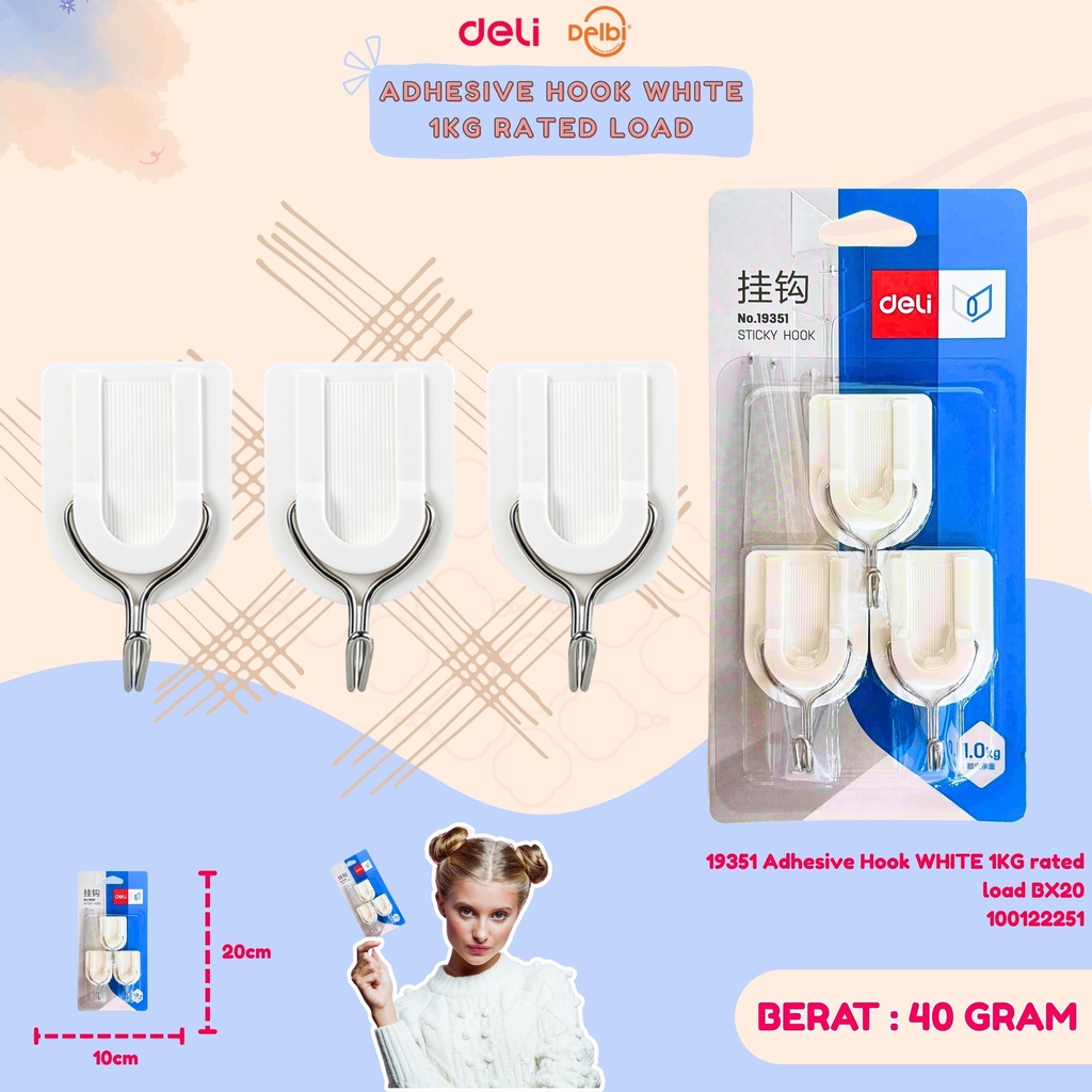 19351 Adhesive Hook WHITE 1KG rated load BX20
