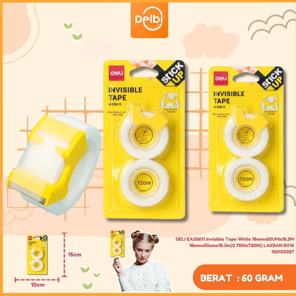 DELI EA30611 Invisible Tape White 18mmx50UMx18.3M 18mmx50umx18.3m(0.75INx720IN) LAKBAN BX16