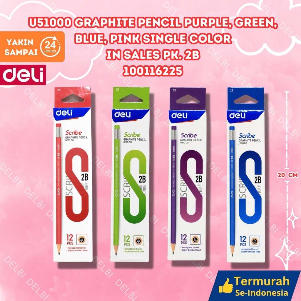 [100116225] U51000 Graphite Pencil Purple, green, blue, pink Single color in sales PK. 2B WARNA WARNI PENSIL DELI MENULIS BX240