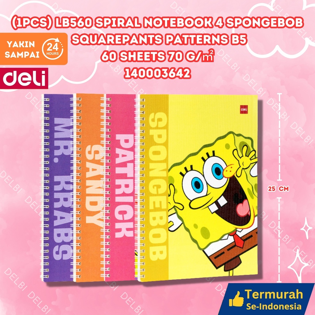 (1pcs) LB560 Spiral Notebook 4 Spongebob Squarepants patterns B5 60 sheets 70 gm BINDER BUKU TULIS DELI SPONGEBO BX4 BX384