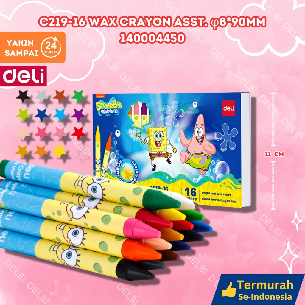 C219-16 Wax Crayon Asst. 8x90mm MEWARNAI DELI 16 WARNA BX30 BX180