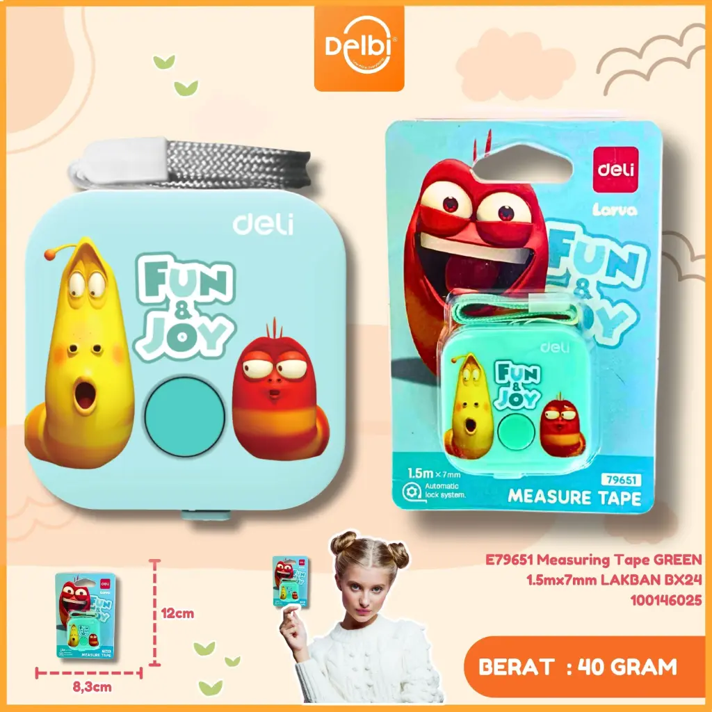 E79651 Deli Measuring Tape GREEN 1.5mx7mm meteran mini BX24