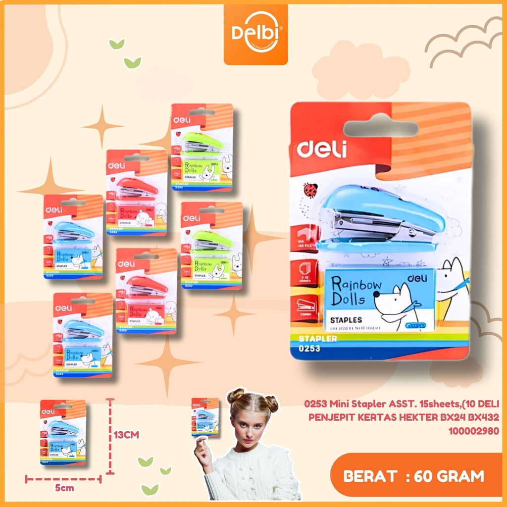 0253 Mini Stapler ASST. 15sheets,(10 DELI PENJEPIT KERTAS HEKTER BX24 BX432