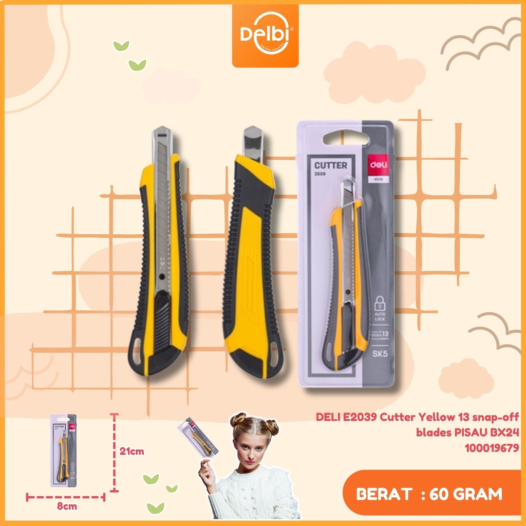 [100019679] DELI E2039 Cutter Yellow 13 snap-off blades PISAU BX24