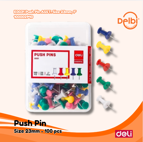 DELI E0031 Push Pin ASST. Size 23mm, 1'' BX24