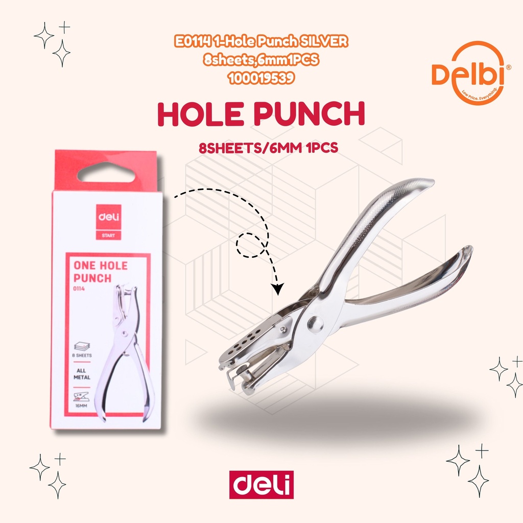 DELI E0114 1-Hole Punch SILVER 8sheets,6mm1PCS LUBANG PE LUBANG PENGLUBANG KERTAS BX12