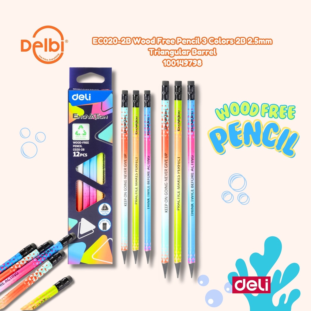 [100149798] EC020-2B Wood Free Pencil 3 Colors 2B 2.5mm Triangular Barrel PENSIL DELI WARNA BX6 BX240