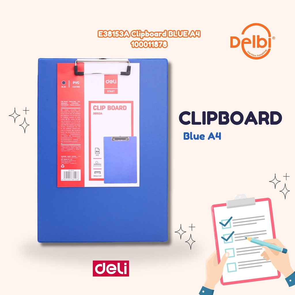 [100011878] E38153A Clipboard BLUE A4 DELI PAPAN UJIAN PENJEPIT KERTAS BX24 BX96
