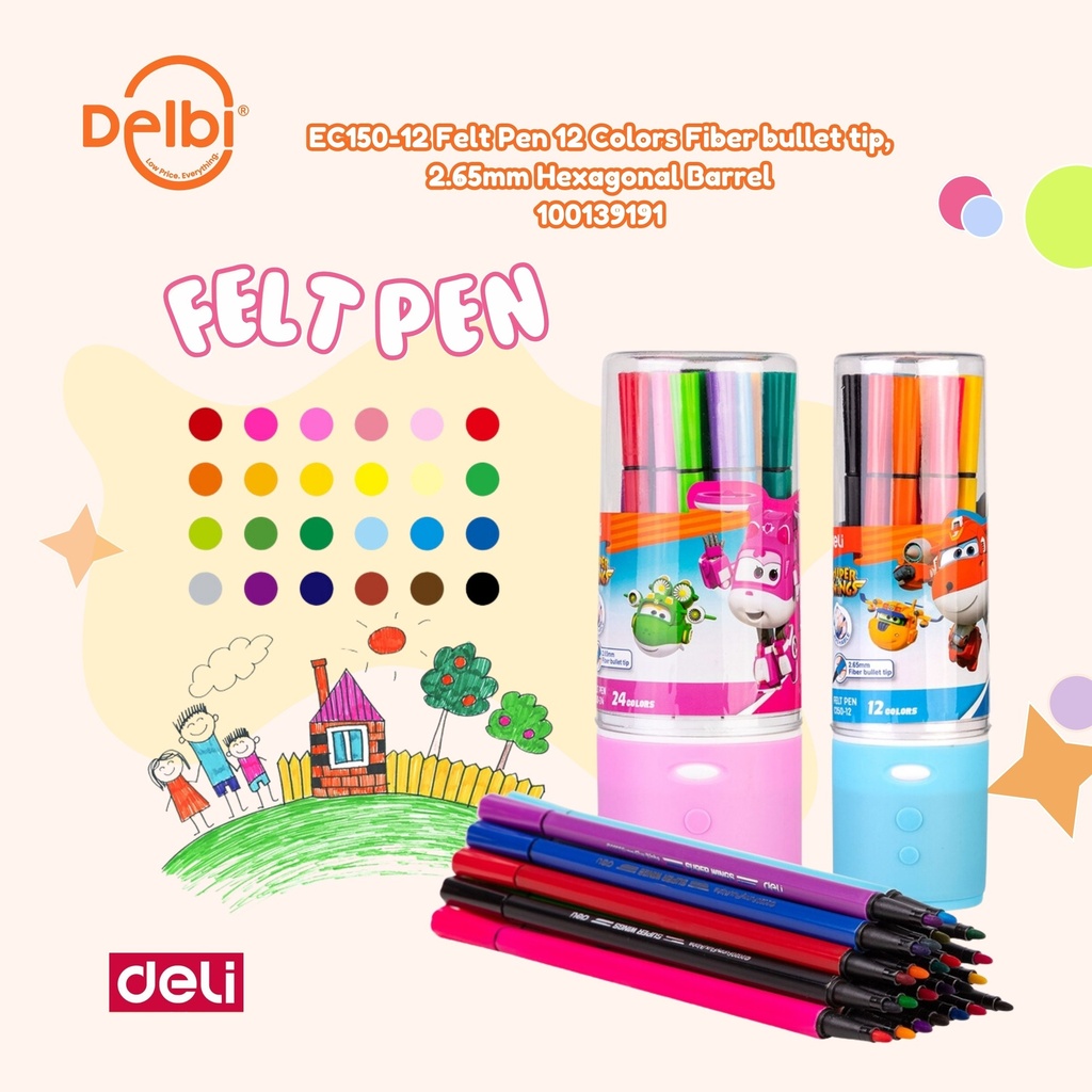 EC150-12 Felt Pen 12 Colors Fiber bullet tip, 2.65mm Hexagonal Barrel DELI WARNA SPIDOL BX36 BX144