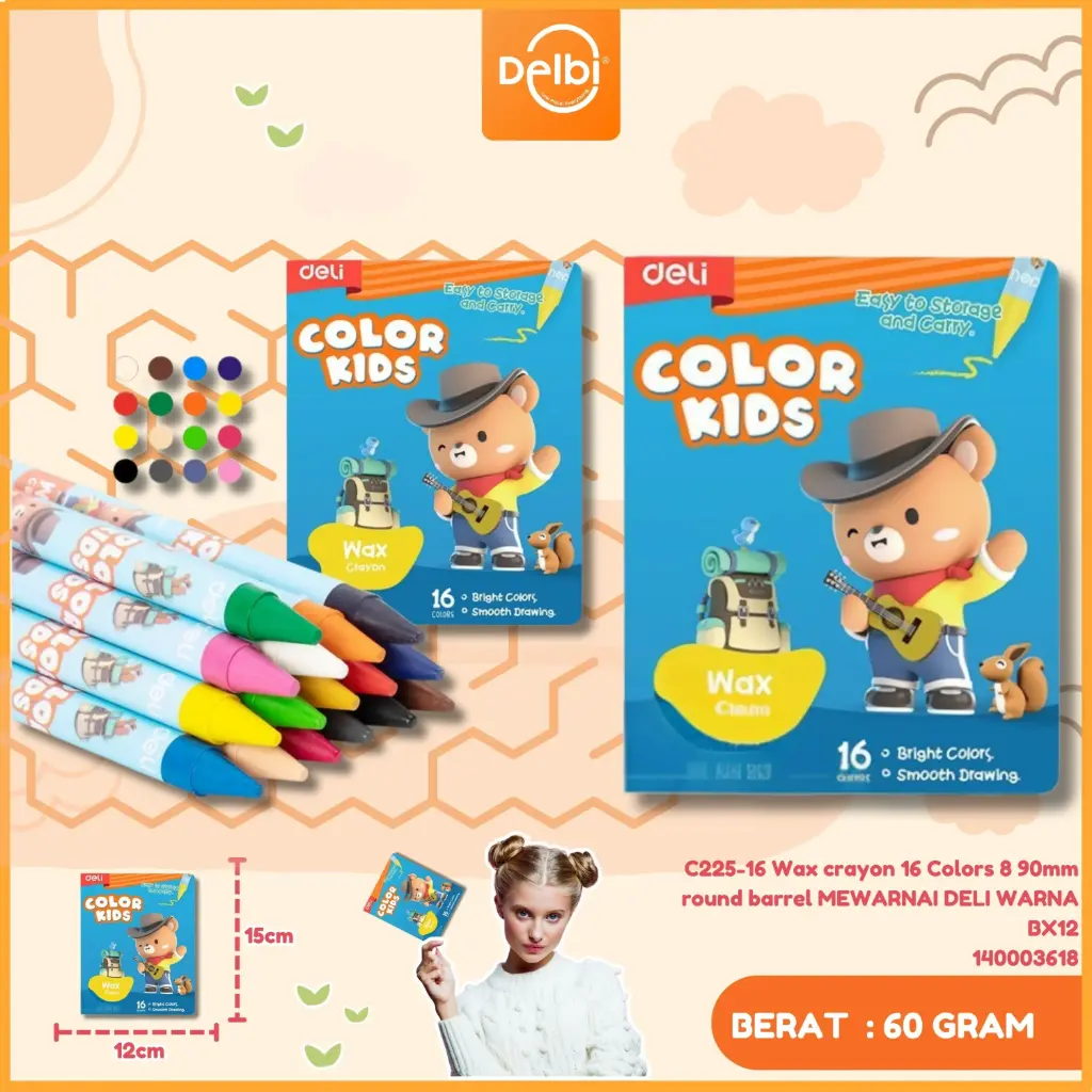 C225-16 Wax crayon 16 Colors 8 90mm round barrel MEWARNAI DELI WARNA BX12