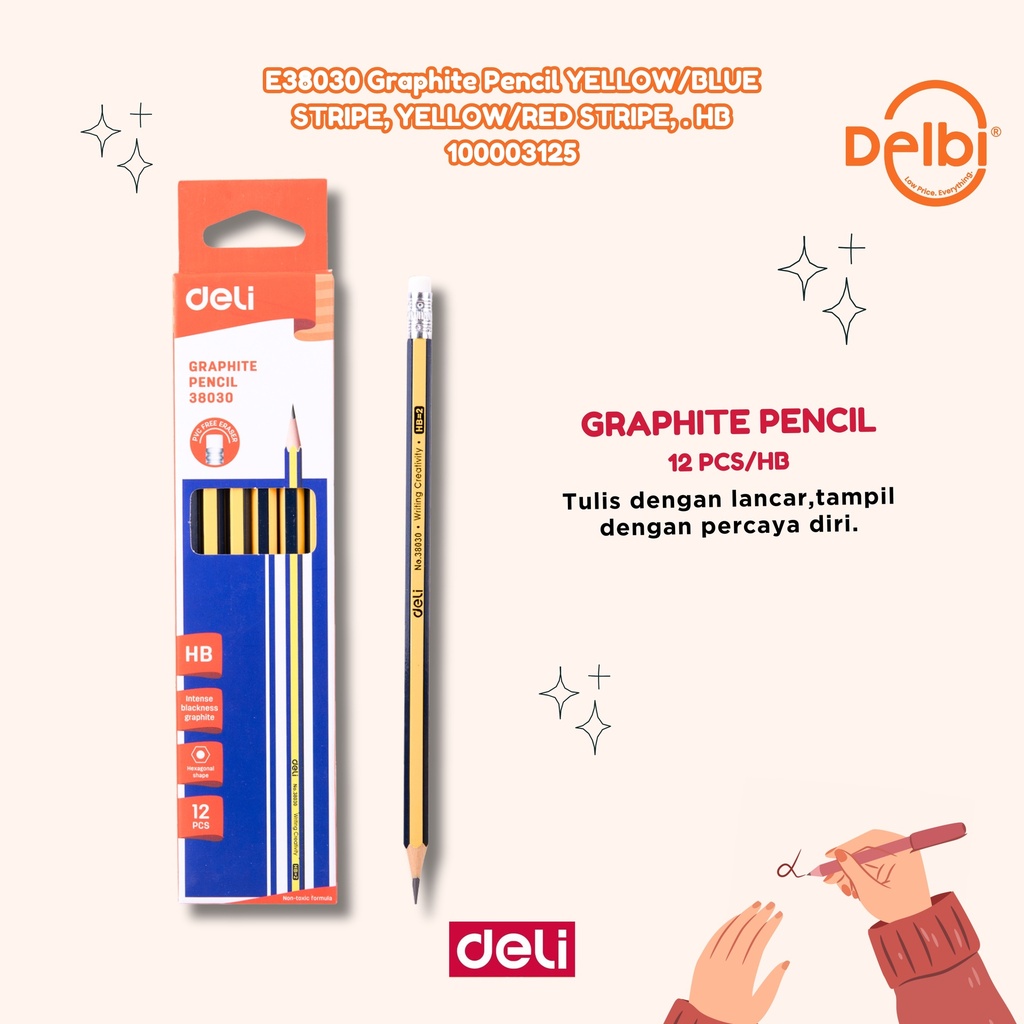 DELI E38030 Graphite Pencil YELLOW/BLUE STRIPE, YELLOW/RED . HB PENSIL BX6
