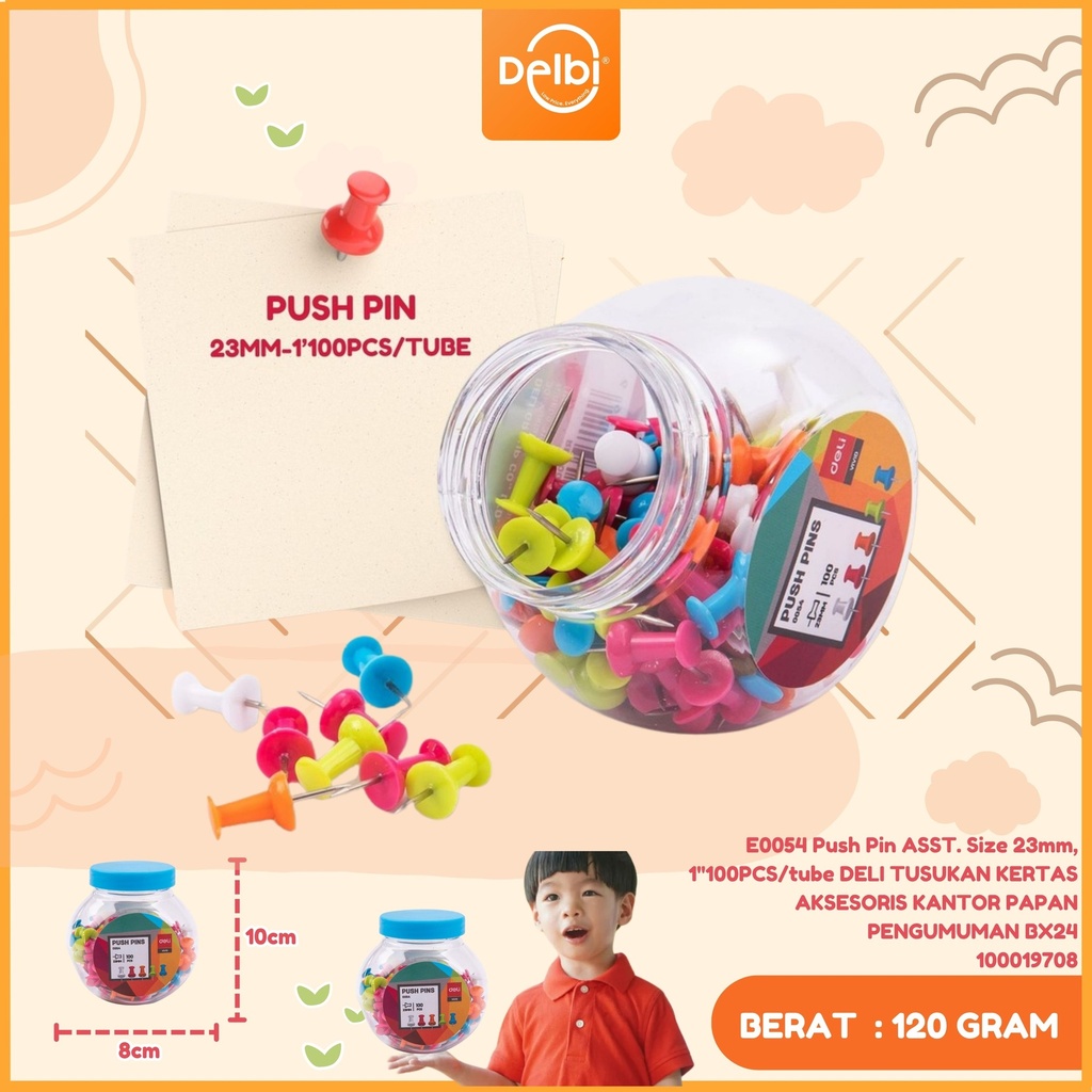 E0054 Push Pin ASST. Size 23mm, 1''100PCS/tube DELI TUSUKAN KERTAS AKSESORIS KANTOR PAPAN PENGUMUMAN BX24