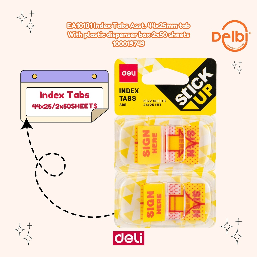 EA10101 Index Tabs Asst. 44x25mm tab With plastic dispenser box 2x50 sheets
 DELI PENANDA STICKY NOTES BX24