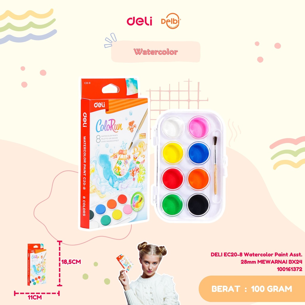 DELI EC20-8 Watercolor Paint Asst. 28mm MEWARNAI BX24