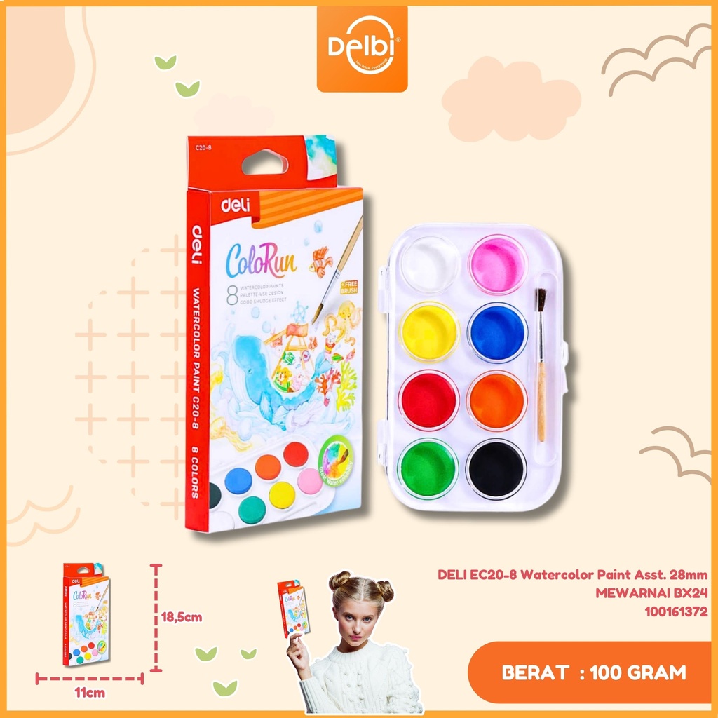 [100161372] DELI EC20-8 Watercolor Paint Asst. 28mm MEWARNAI BX24
