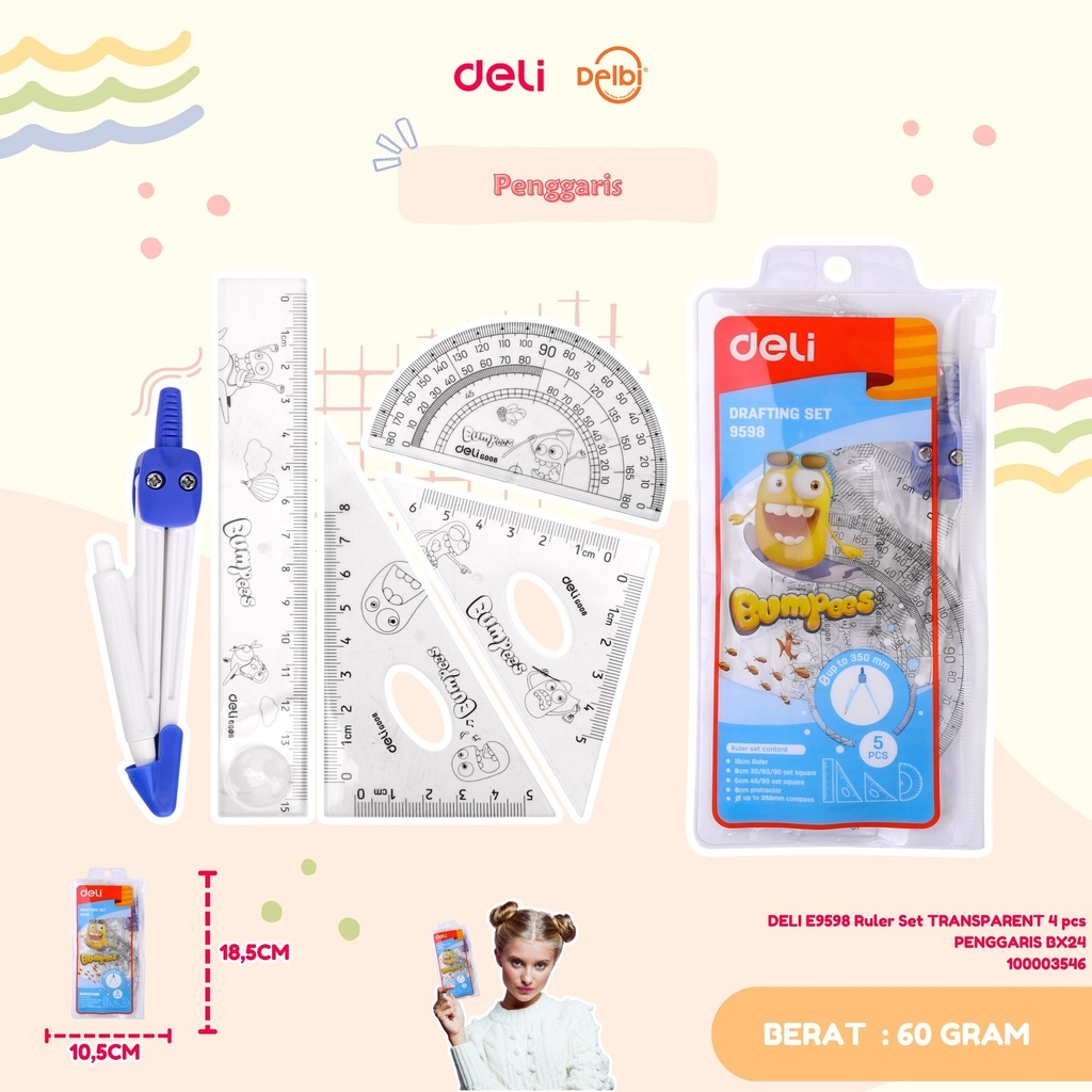 DELI E9598 Ruler Set TRANSPARENT 4 pcs PENGGARIS BX24