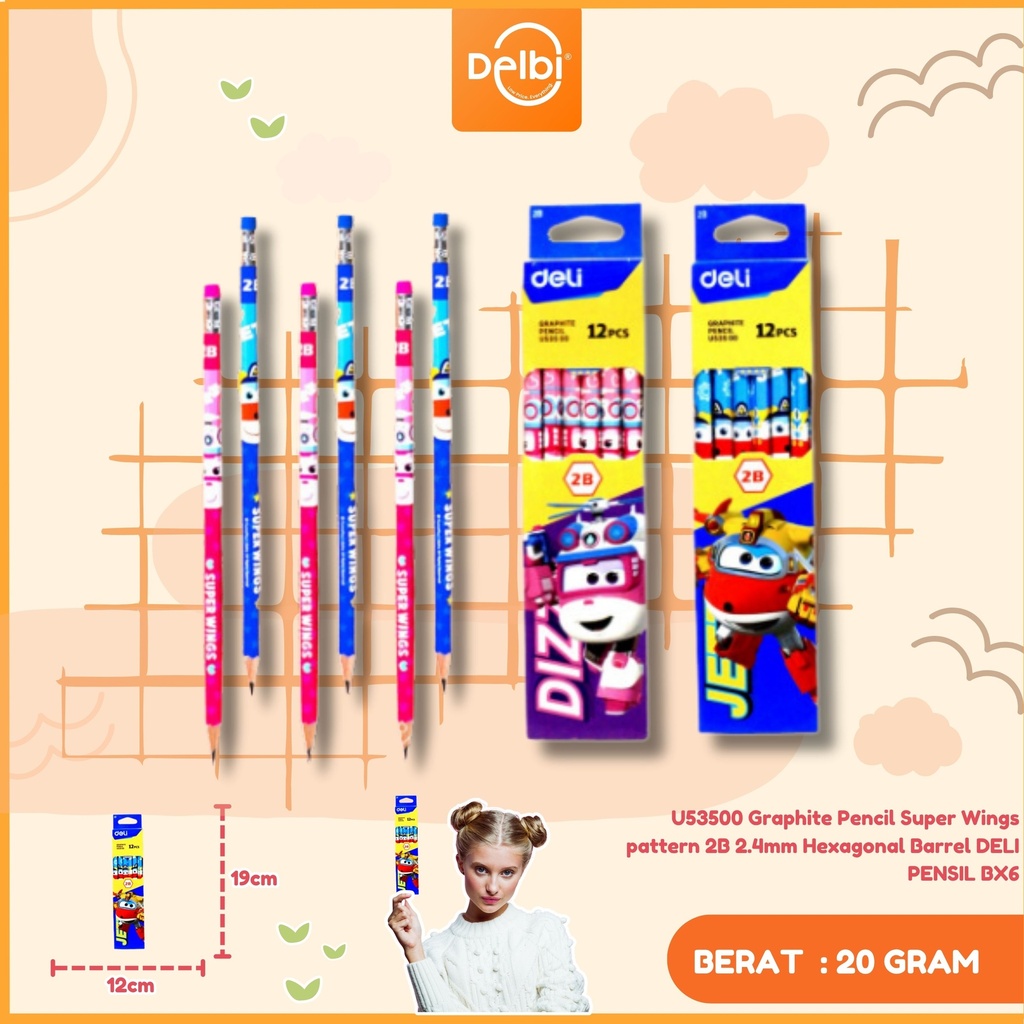[100133280] U53500 Graphite Pencil Super Wings pattern 2B 2.4mm Hexagonal Barrel DELI PENSIL BX6