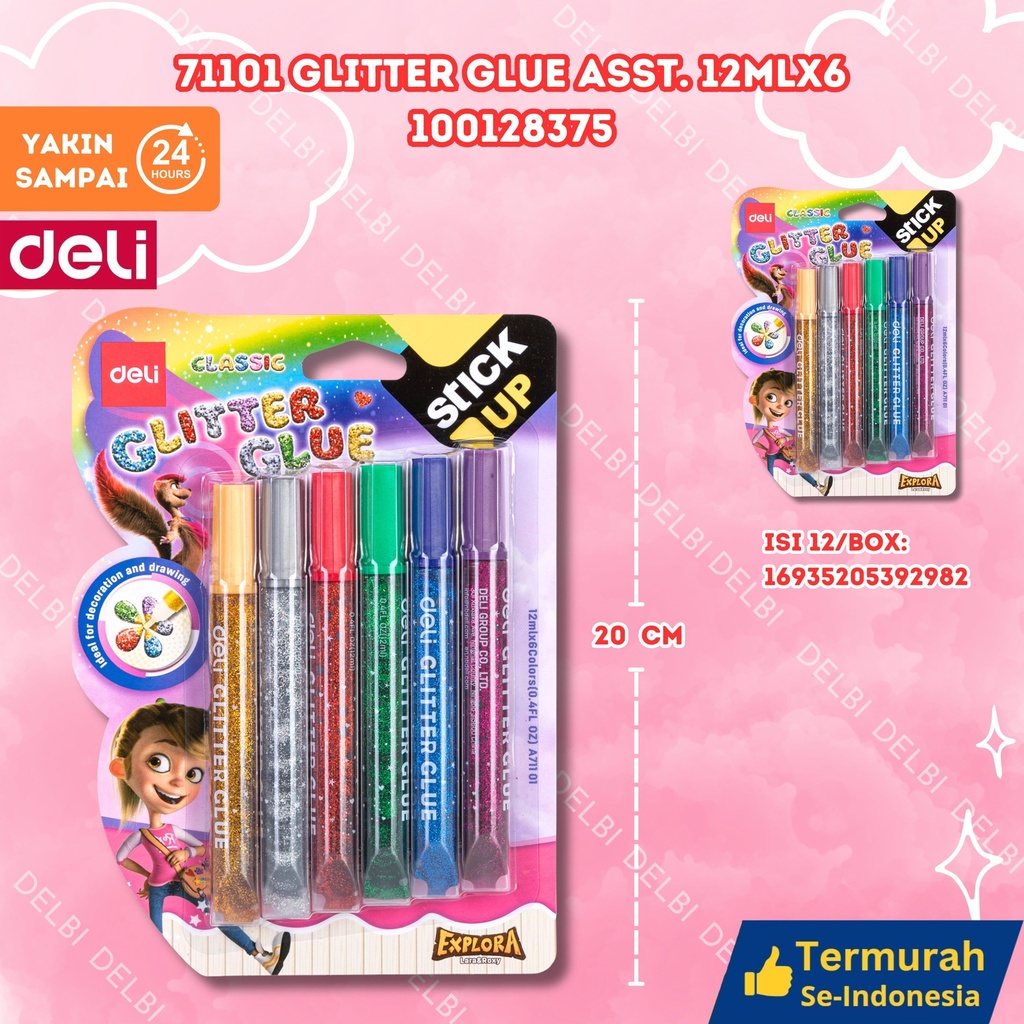 71101 Glitter Glue Asst. 12mlx6 DELI PEREKAT LEM BX12 BX162
