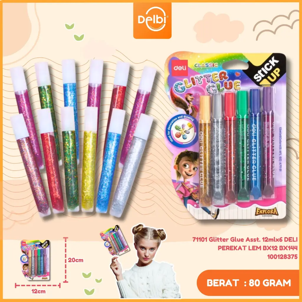 A71101 Glitter Glue Asst. 12mlx6 DELI PEREKAT LEM BX12 BX144