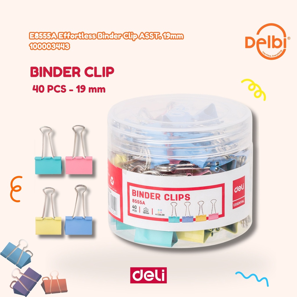 E8555A Effortless Binder Clip ASST. 19mm DELI JEPITAN KERTAS PENJEPIT KERTAS BX96