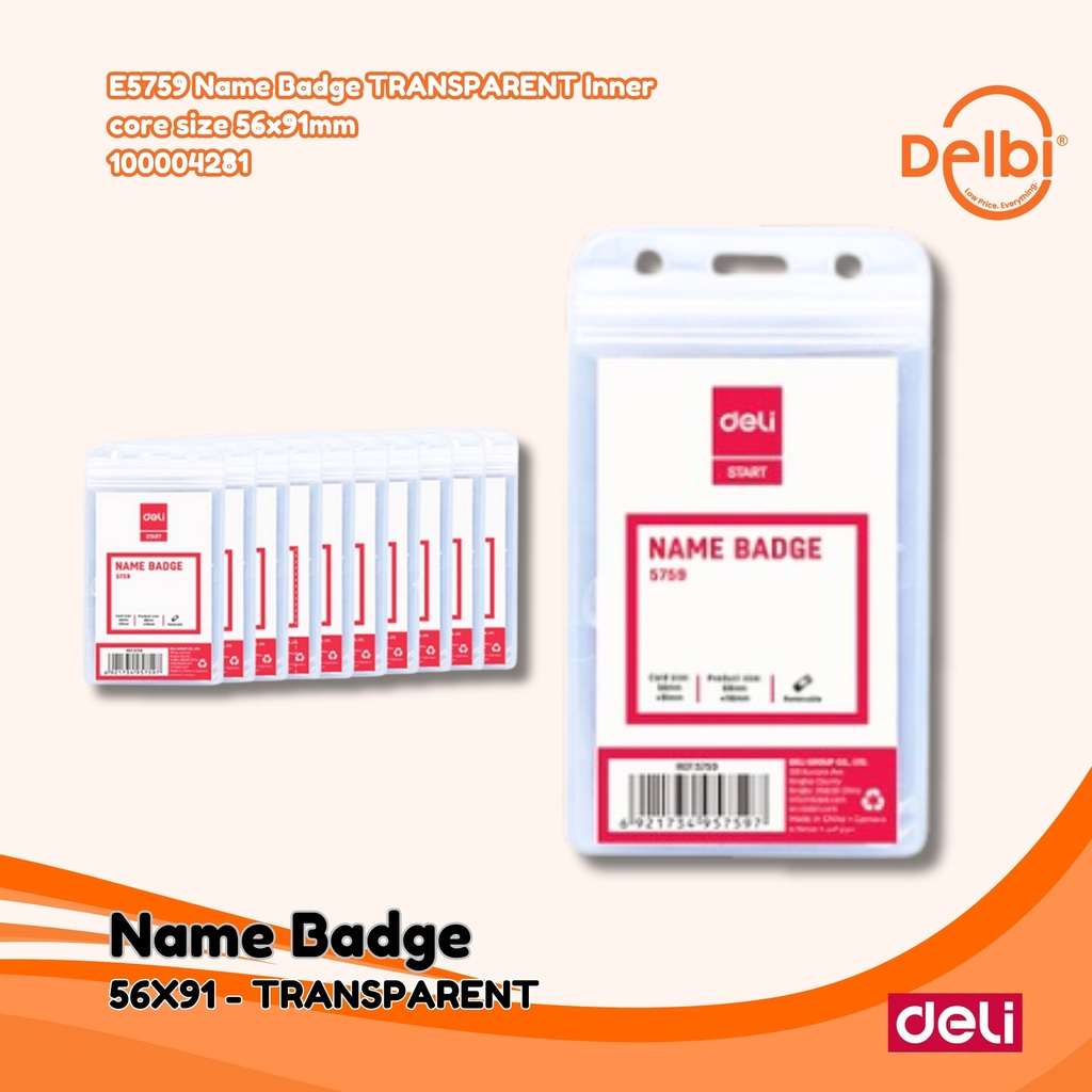DELI E5759 Name Badge TRANSPARENT Inner core size 56x91mm BX10 BX300