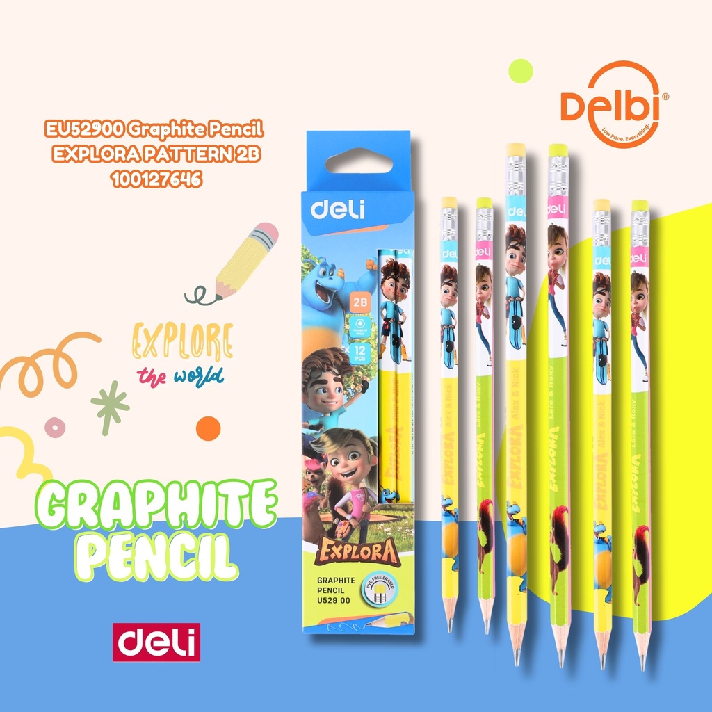 [100127646] EU52900 Graphite Pencil EXPLORA PATTERN 2B DELI KARAKTER MOTIF PENSIL BX6 BX240