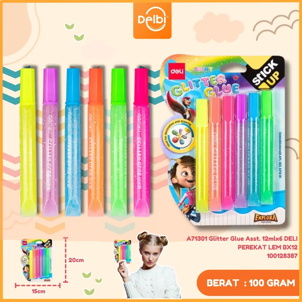 A71301 Glitter Glue Asst. 12mlx6 DELI PEREKAT LEM BX12
