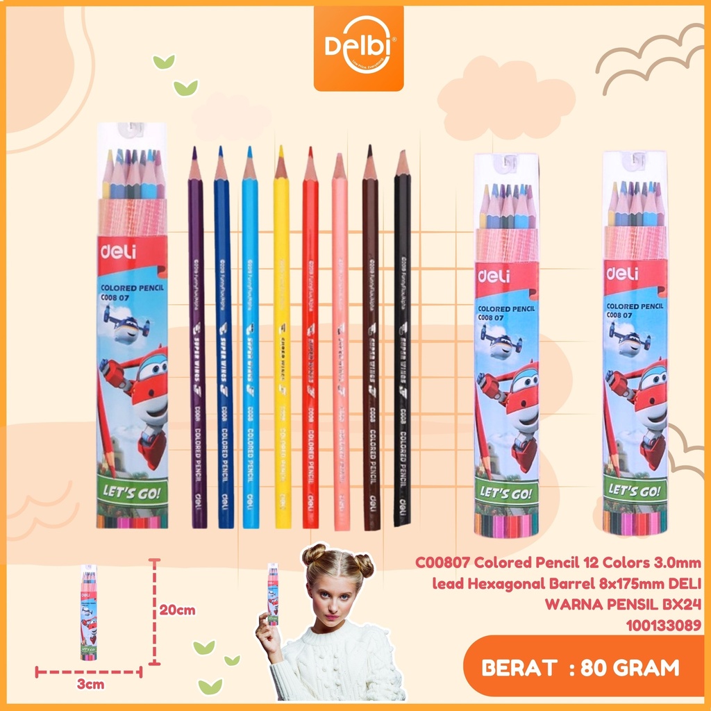C00807 Colored Pencil 12 Colors 3.0mm lead Hexagonal Barrel 8x175mm DELI WARNA PENSIL BX24