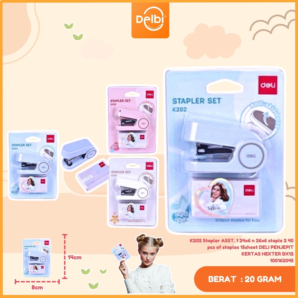 K202 Stapler ASST. 1 24x6 n 26x6 staple 2 40 pcs of staples 15sheet DELI PENJEPIT KERTAS HEKTER BX12