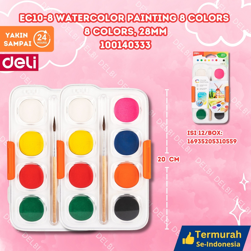EC10-8 Watercolor Painting 8 Colors colors, 28mm DELI CAT AIR WARNA PALLETE BX12