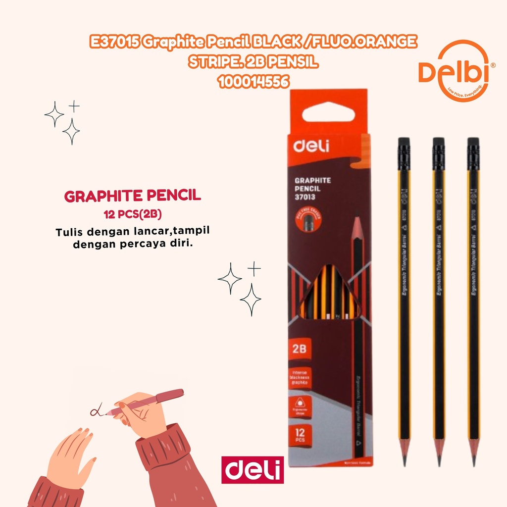 DELI E37015 Graphite Pencil BLACK /FLUO.ORANGE STRIPE. 2B PENSIL BX6 BX12